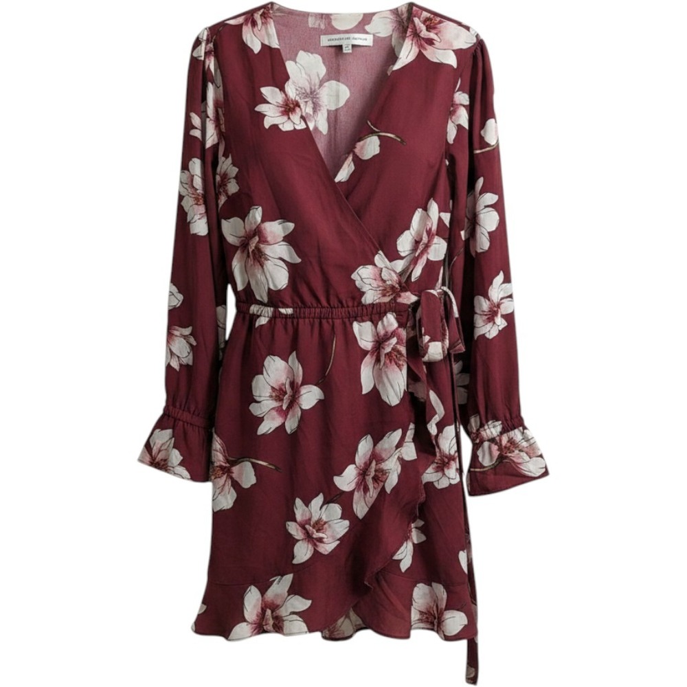 Cupcakes and Cashmere Dress XS Deep Red Floral Faux Wrap Long Sleeve Ruffle NWT